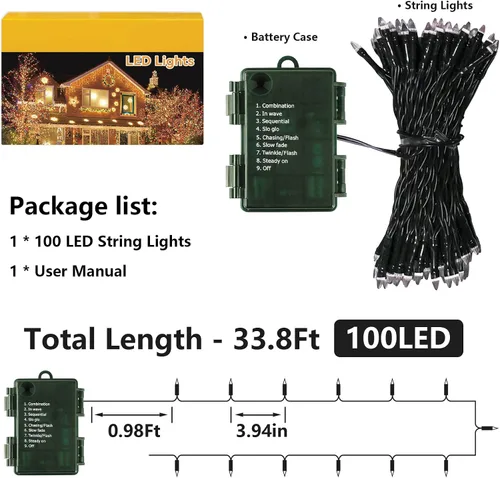 Vista 7 de ITICdecor Guirnalda de luces de Navidad de 33 pies, 100 LED, impermeable, funciona con pilas, 8 modos de luces decorativas para interiores