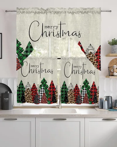 Vista 9 de Juego de 3 cortinas de cocina con festón de Navidad con cenefa, 3 piezas con bolsillo para barra, cortinas para dormitorio, sala de estar, baño
