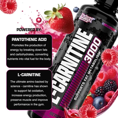 Vista 5 de Nutrex Research L-Carnitina 3000 (31 porciones, Berry Blast) Disparos líquidos, sin estimulantes Apoya la recuperación muscular para hombres