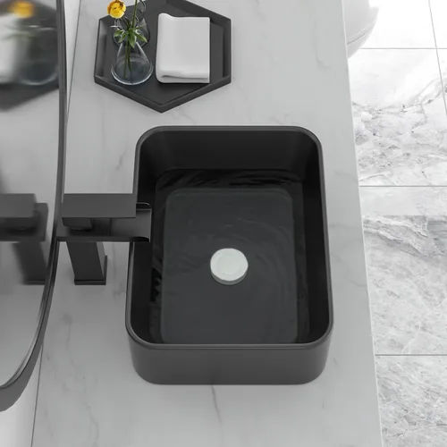 Vista 2 de Lavabo de baño negro de 16 x 12 pulgadas, lavabo de apoyo rectangular para baños, de cerámica, sobre mostrador, lavabo rectangular de baño, lavabo