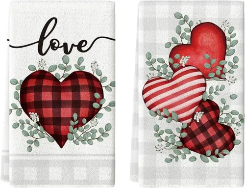 Vista 8 de Artoid Mode Toallas de Cocina Rosa a Cuadros de Búfalo Corazón Amor Toallas de Cocina para San Valentín, 18x26 Pulgadas Toallas de Mano