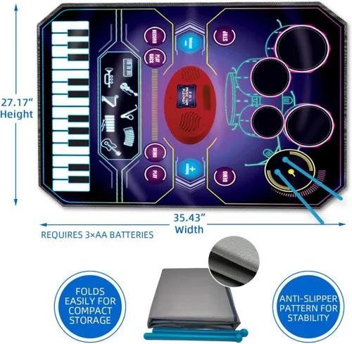 Vista 2 de Juguetes de aprendizaje musical 2 en 1 para niños y niñas, juego de batería + alfombrilla de piano Grabación y reproducción, canciones