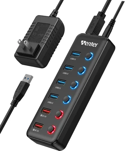 Vista 8 de Wenter Hub USB 3.0 de 6 puertos USB 3.0 (4 puertos de datos USB 3.0 + 2 puertos de carga rápida QC 3.0) con interruptores LED individuales