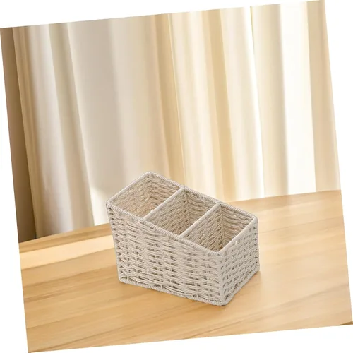 Vista 7 de DOITOOL Caja de almacenamiento trapezoidal de escritorio con 3 compartimentos, impermeable, simulada, tejida a mano, organizador para suministros