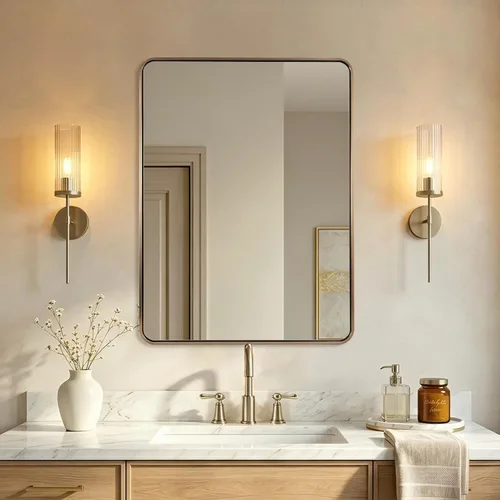 Vista 69 de Espejo de latón para baño, espejo rectangular redondeado de 22x30 pulgadas con marco de metal cepillado dorado, espejo de tocador de baño sin