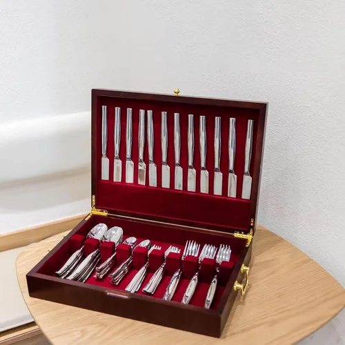 Vista 6 de GENRICE Cofre de cubiertos de madera sin cubiertos, caja de almacenamiento de cubiertos para plata, estuche de cubiertos con asa y forro de fieltro