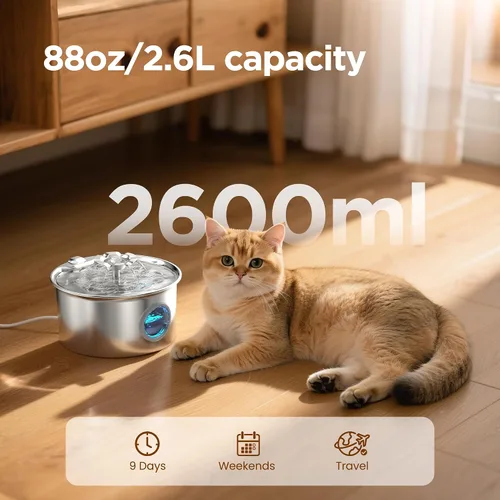 Vista 2 de Fuente de agua para gatos de acero inoxidable: fuente para mascotas ultra silenciosa de 88 oz/2.6 L con pico de gatito con flores y dispensador