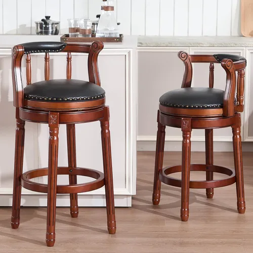 Vista 6 de RAINMOOD Juego de 2 taburetes de bar, taburete tapizado de cuero de grano completo, silla de bar negra con respaldo, patas de madera maciza