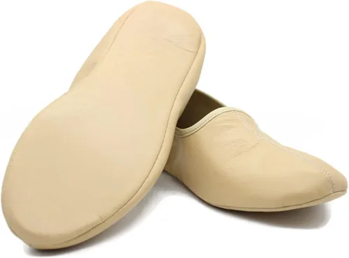 Vista 4 de Zapatillas de cuero de interior para mujer, color crema tradicional, zapatos de casa Babuche, mocasín