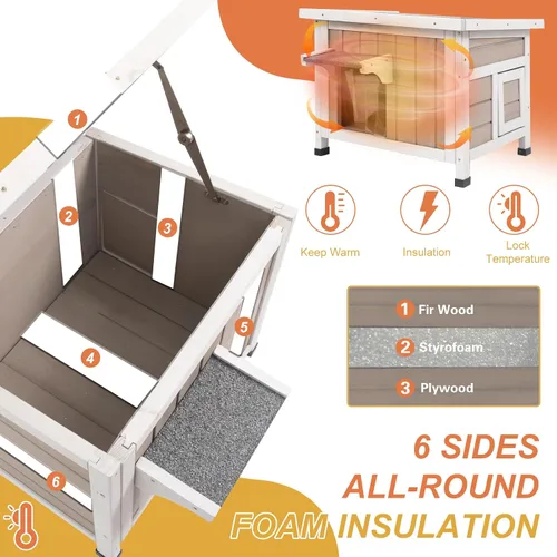 Vista 3 de Casa aislada para gatos al aire libre, aislada en invierno y termostática, casa para gatos al aire libre, madera maciza resistente a la intemperie