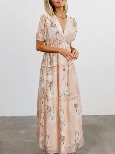 Vista 2 de Amegoya Vestido largo casual de manga corta con cuello en V para mujer, diseño floral, estilo bohemio, para la playa, sesión de fotos, con volantes