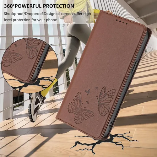 Vista 7 de Butterfly Embossed Leather Wallet Flip Case for Motorola Moto E22i 4G, Magnetic Closure, RFID Blocking Cover, Card Holder Brown.