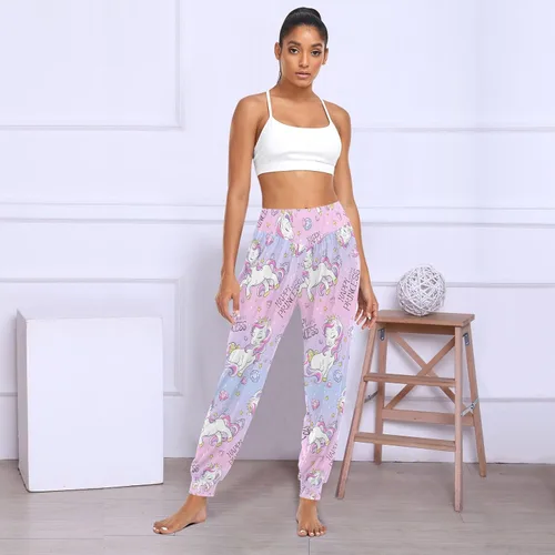 Vista 6 de Pantalones de unicornio rosa para mujer, pantalones deportivos de cintura alta para mujer, pantalones de harén cómodos para descansar, bailar, yoga