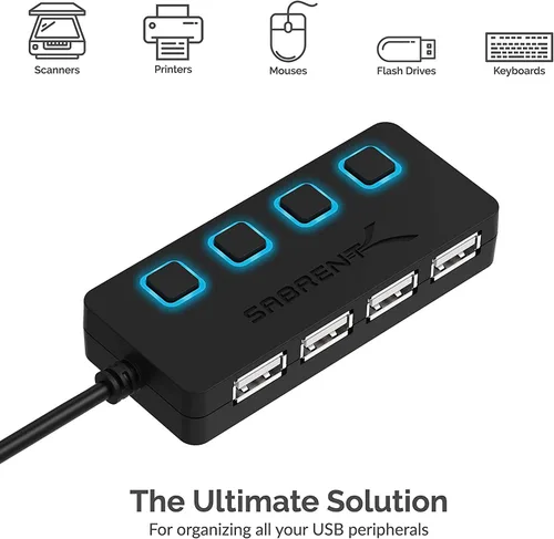 Vista 7 de SABRENT Hub de datos USB 2.0 de 4 puertos con interruptores de alimentación individuales con LED iluminados [no se admite la carga] para Mac y PC