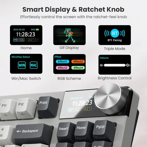 Vista 3 de RK ROYAL KLUDGE Teclado mecánico inalámbrico S85, teclado TKL con pantalla y perilla de trinquete, Bluetooth2.4GHzUSB-C, interruptores silenciosos