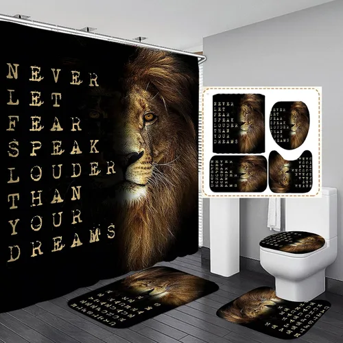 Vista 11 de Juego de 4 cortinas de ducha de rey león negro, citas inspiradoras, palabras motivacionales positivas y educativas, decoración de baño de animales