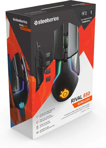 Vista 10 de SteelSeries Rival 650 Mouse Quantum Wireless para videojuegos, batería de carga rápida, 12,000 Cpi Truemove3 + sensor óptico dual, baja distancia