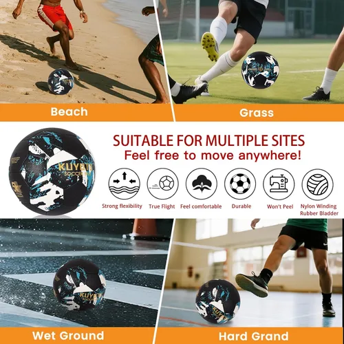 Vista 8 de KUYOTQ Soccer Ball, Machine Stitched PU/TPU Leather Soccer Ball Match & Training for Kids Youth Adult, Professional Construction for Durable in and