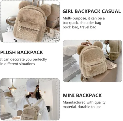Vista 2 de Sosoport Linda mochila de oso mullido con orejas de oso, mochila kawaii suave y esponjosa, casual, mini bolsa de hombro para niñas, Marrón