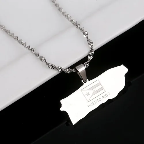 Vista 3 de Collar colgante de mapa de Puerto Rico de acero inoxidable con diseño de mapa de puertorriqueños