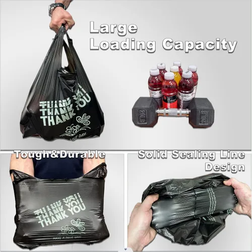 Vista 4 de YoYoRain Bolsas negras de agradecimiento, bolsas de 22MIC, bolsas de plástico negras con asa, bolsa de compras de comestibles reutilizable