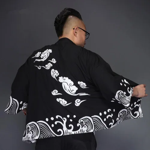 Vista 3 de LifeHe Chaquetas tipo kimono para hombre, cárdigan japonés, ligero, casual, siete mangas, frente abierto, camisa abrigo