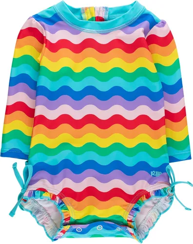 Vista 30 de RuffleButts - Traje de baño de una pieza con protección solar UPF 50+, camiseta de protección floral estampado, manga larga, con cierre zipper