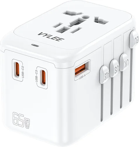 Vista 8 de Adaptador de Viaje Universal, VYLEE Adaptador de Enchufe Internacional de 70W con Carga Rápida PD, 5 Puertos (1 AC/1 USB-A/3 USB-C), Cargador