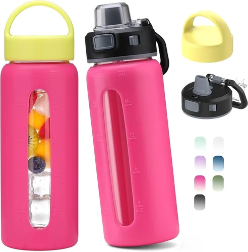 Vista 18 de Kodrine - Botella de agua de vidrio de 20 onzas con popote y 2 tapas para fácil transporte, con asa, funda de silicona y marcador de tiempo, botella