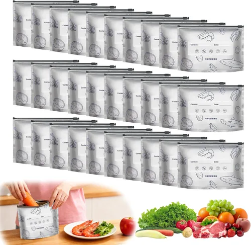Vista 8 de 30 piezas de bolsas reutilizables de papel de aluminio sellables para almacenamiento, 2026 nuevas bolsas de pie sellables con etiqueta y cierre