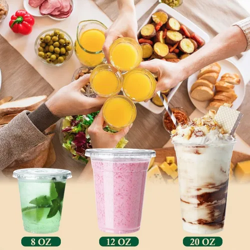 Vista 4 de Vasos de plástico de 8 onzas con tapas, paquete de 100 vasos transparentes desechables con tapas con ranura para popote para limonada, café, batido