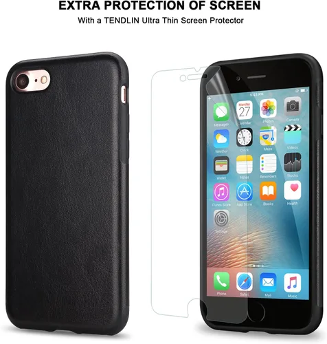 Vista 7 de TENDLIN Funda compatible con iPhone SE 2022/SE 2020/8/7 - Funda delgada híbrida de silicona TPU flexible con parte trasera de cuero (negro)