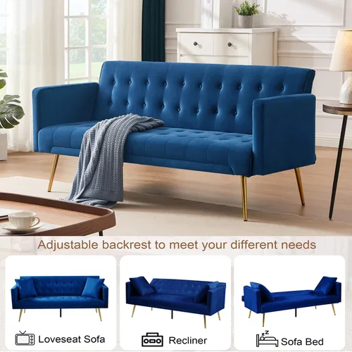 Vista 4 de Anwick Sofá Cama Futón de Terciopelo Moderno de 72", Sofá Cama Plegable Convertible con 3 Respaldos Ajustables, Sofá de Dos Plazas Reclinable Azul