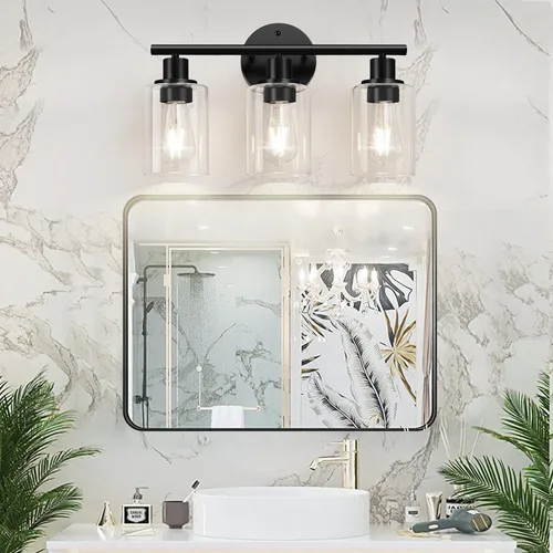 Vista 4 de Zarbitta 3-Light Bathroom Light Fixtures, 17.23" Black Modern Vanity Lights with Clear Glass Shade, Bathroom Wall Lamp for Mirror Kitchen Living