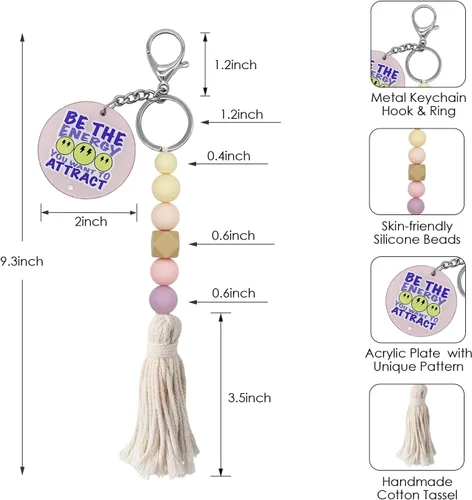 Vista 2 de Llavero bohemio con cuentas de silicona y borla de macramé, llavero de acrílico inspirador, regalos de salud mental para mujeres y hombres