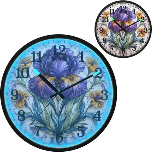 Vista 2 de Luminous Voice-Activated Clocks Non-Ticking Silent Battery Operated Small Analog Clock Retro Iris Flower Pattern 12 Inch Decorative for Kitchen