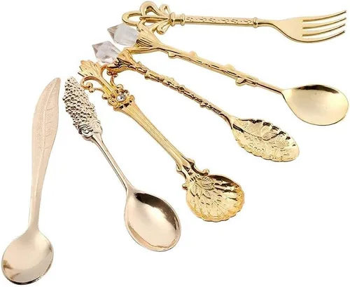 Vista 4 de Juego de 6 cucharas de café vintage, mini cuchara dorada para servir postre para helado y bar en casa, 4.5 x 0.7 pulgadas