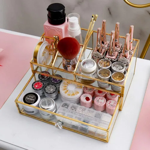 Vista 7 de YUEHUA Organizador de maquillaje de cristal, organizador de brochas de maquillaje transparente, caja de exhibición de joyas, esmalte de uñas dorado