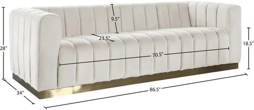 Vista 3 de Meridian Furniture 603Cream-S Colección Marlon Modern Sofá tapizado de terciopelo contemporáneo con acolchado de canal profundo, base de acero