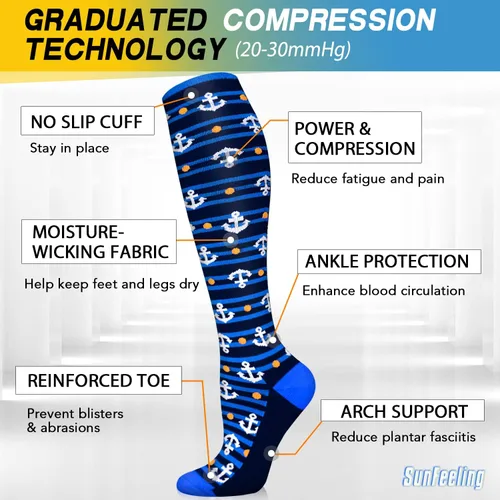 Vista 5 de 6 pares de calcetines de compresión para mujeres y hombres, circulación 20-30 mmHg, es el mejor soporte para correr, enfermería, deportes atléticos