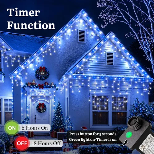Vista 5 de Luces de carámbano azules y blancas para exteriores, tira de 400 luces LED de 33 pies para interiores, 8 modos conectables, luz de Navidad de Azul