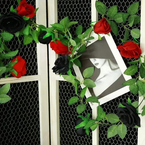 Vista 9 de GREENTIME - Guirnalda de flores artificiales 2 unidades, 4 metros de vid de rosas falsas, 9 cabezas de rosas, para arco de boda, centro de mesa