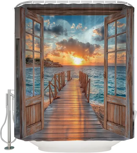 Vista 3 de Cortina de ducha con diseño de puesta de sol y playa, estilo rústico, color marrón, madera, ventana, tropical, isla hawaiana, puesta de sol