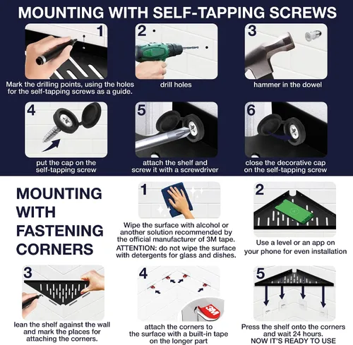 Vista 7 de Estantes esquineros de baño para ducha, adhesivo, palo, taladro, sin taladro, estante esquinero flotante negro fuerte de 16 pulgadas para pared