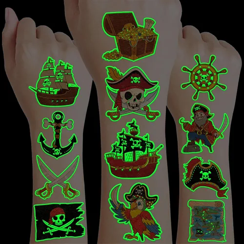 Vista 11 de 96 tatuajes temporales de barco pirata precortados para recuerdos de fiesta de niños Suministros de cumpleaños con temática náutica, decoraciones