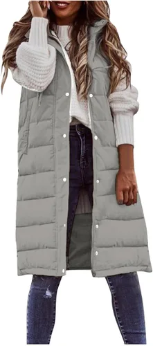 Vista 14 de Chaleco largo para mujer, sin mangas, acolchado, con cremallera, capucha, abrigo de invierno cálido, ligero, con bolsillos