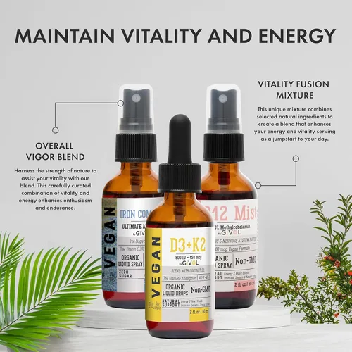 Vista 2 de Energy & Vitality Bundle - Trío de aerosol de vitaminas líquidas – B12 metilcobalamina, bisglicinato de hierro y D3 (Lichen) y K2 (MK4 y MK7), sin