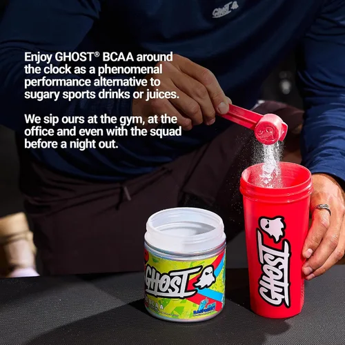 Vista 4 de GHOST BCAA - Suplemento de aminoácidos en polvo, frambuesa azul, 30 porciones, sin azúcar, aminopolvo para después del entrenamiento y bebida
