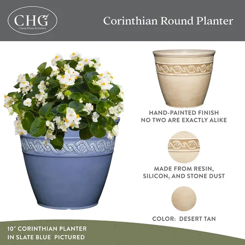 Vista 2 de Classic Home and Garden - Maceta redonda Corinthian Classic Resin Plant Pots, Lightweight Indoor Outdoor Planter, Weather-Resistant, Great for