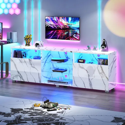 Vista 10 de St.Mandyu Soporte de TV LED para TV de 75/80 pulgadas, Mesa de Televisión Moderna Centro de Consola de Medios con Cajón y Luces LED, Centro